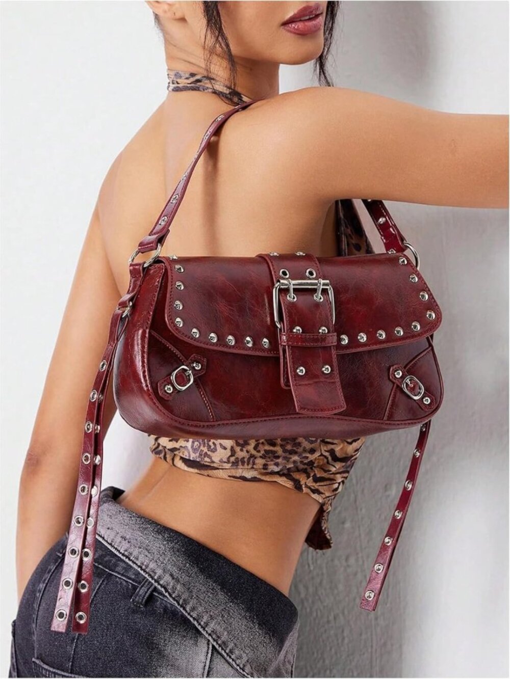 Mini Goth Punk Shoulder Bag - Y2K Leather Purse with Studded Detail, Stylish - Picture 3 of 7